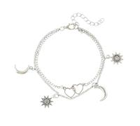 Gualiy Tobillera para mujer, cadena de doble capa de plata, con corazón sol y luna, 21 + 7 cm