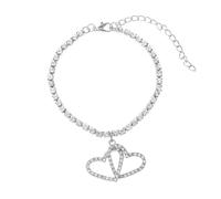 Gualiy Tobillera para mujer, plata y oro, con circonitas, cadena de tenis con doble corazón, ajustable, 20,2 + 10 cm, Chapado en plata, Circonia cúbica