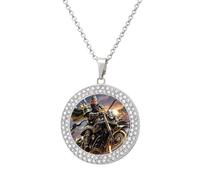 Guan Yu Rides A Motorcycle - Collar de diamantes para mujer, novia, mamá, cadena de cable de 20 pulgadas, collar con colgante redondo, conmemorativo, pareja, amistad, cumpleaños, aniversario, boda