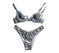 guangzhou Mujeres Sexy Bikini Reflectante Traje de baño metálico Brillante Push Up Underwire Ropa de Playa Bikini de Cuero Brillante Plata