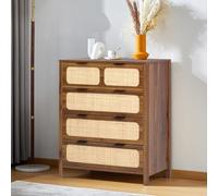 GuannCraft Cómoda moderna de ratán con cuatro cajones espaciosos y tiradores de metal, armario de almacenamiento rústico de madera, adecuado para dormitorio, sala de estar y entrada.