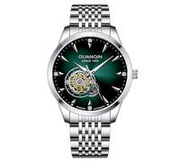 Guanqin Reloj de pulsera mecánico automático de esqueleto vintage para hombre, zafiro, doble cara, hueco, impermeable, luminoso, elegante reloj de pulsera de acero inoxidable, Verde plateado, Clásico