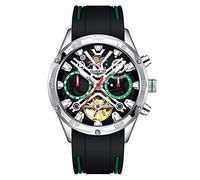 Guanqin Reloj mecánico de esqueleto multifuncional para hombre, automático, cuerda automática, zafiro, doble cara, hueco, impermeable, reloj luminoso, fase lunar, correa de goma de silicona, Verde