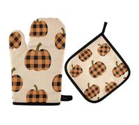 Guantes Cocina Calabazas A Cuadros Negros Y Naranjas del Día De Acción De Gracias Juego De 2 Guantes De Horno Resistentes Calor Lavables Guante Hornear para Microondas Asar
