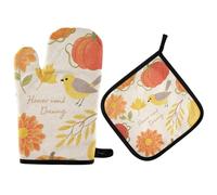 Guantes Cocina Calabazas De Flores Y Pájaros para Acción De Gracias Juego De 2 Guantes De Horno Antideslizante Lavables Guante Hornear para Microondas Asar