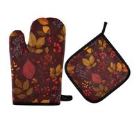 Guantes Cocina Hojas De Otoño De Acción De Gracias Y Bayas Juego De 2 Guantes para El Horno con Ganchos Resistentes Calor Guante Cocina para Asar Microondas
