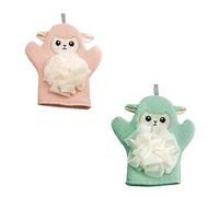 Guantes de Baño de Dibujos Animados, 2 Piezas, Doble Uso para Niño Niña | Fibra, Diseño de Doble Cara, Almacenamiento Colgante, Rosa y Verde, para Gel y Jabón