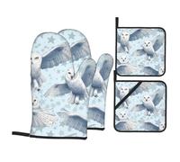 Guantes de cocina para hornear, soporte para ollas, búho nevado que extiende sus alas, impresión gruesa y práctica aislamiento térmico antiquemaduras para hornear en la cocina