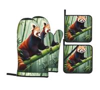 Guantes de cocina para hornear, soporte para ollas, panda rojo HJFCZH en bosque de bambú, grueso, práctico aislamiento térmico antiquemaduras para hornear en la cocina