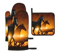 Guantes de Cocina Resistentes al Calor, Juego de 3 Manoplas y agarraderas con Estampado de Caballos Negros y Nubes Rojas Brillantes.