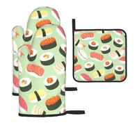 Guantes de Cocina Resistentes al Calor, Manoplas y agarraderas con Estampado de Sushi Verde (3 Piezas)
