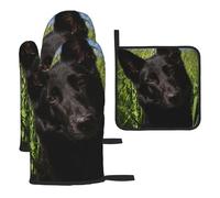 Guantes de Cocina Resistentes al Calor, Manoplas y agarraderas para Horno (3 Piezas), diseño de Perro Pastor alemán Negro