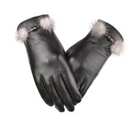 Guantes De Cuero De Mujer Decoración De Pompón De Piel De Oveja Sintética Para Mujer Con Lazo Para Favorecer La Forma De La Mano, Forro De Felpa Para Una Elegante Calidez Al Conducir - Doble Pompón
