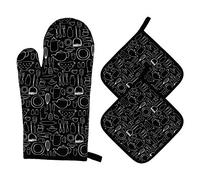Guantes de Horno Guantes de Cocina de Algodón Resistentes al Calor Guantes de Horno Microondas para Barbacoa, Cocinar, Hornear, 1 Manopla de Horno + 2 Manteles Individuales Aislados (Negro)
