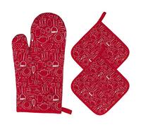 Guantes de Horno Guantes de Cocina de Algodón Resistentes al Calor Guantes de Horno Microondas para Barbacoa, Cocinar, Hornear, 1 Manopla de Horno + 2 Manteles Individuales Aislados (Rojo)