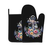 Guantes De Horno Y Agarraderas 2Pcs Flower De Anclas Náuticas | Guantes De Horno Y Agarraderas 2Pcs Suave Juego Manoplas Hornos Para Hornear Mitts And Pot Holders