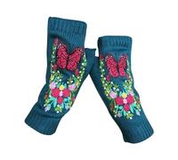 Guantes de invierno bordados a mano para mujer, diseño de flor de mariposa, guantes largos y cálidos tejidos a mano, sin dedos, malla para mujer (azul oscuro, A)