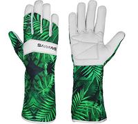 Guantes de jardinería de cuero para mujeres, hombres y mujeres, protección corta y larga del antebrazo, a prueba de espinas, transpirable, piel de cabra de elastano, guantes de (S, Guantes largos)