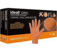Guantes de nitrilo naranjas IDEALL GRIP+, talla: L - 50 unidades, Guantes de seguridad desechables sin talco, sin látex, guantes de nitrilo 2,5 veces más gruesos, textura de diamante