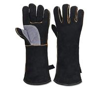 Guantes de piel con resistencia extrema al calor y al fuego, con costuras de kevlar, ideales para chimeneas, fogones, horno, parrilla, cazuelas, soldadura, barbacoa o para tratar con animales, color negro-gris