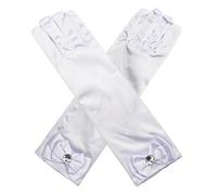 Guantes de Raso para NiñOs, Guantes Largos con Lazo y Diamantes para Boda, Guantes de Vestir, NiñA de Las Flores, CumpleañOs, CelebracióN de Fiestas, Guantes para Fiestas de Disfraces (Blanco)