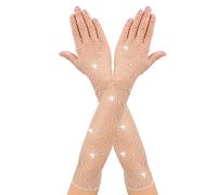 Guantes de Red Largos Blanco para Mujer Long Fishnet Gloves con Diamantes de Imitación Brillantes Guantes de Opera de Moda para Fiesta de Disfraces de los Años 80 Suministros de Cosplay de Halloween