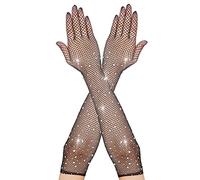 Guantes de Red Largos Negros para Mujer Long Fishnet Gloves con Diamantes de Imitación Brillantes Guantes de Opera de Moda para Fiesta de Disfraces de los Años 80 Suministros de Cosplay de Halloween