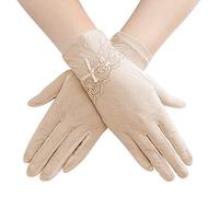 Guantes de verano cortos de encaje para mujer, con lazo, protección solar, bonitos y retro, guantes de ciclismo, finos, transpirables, guantes de seda de hielo para bodas, beige claro, Talla única