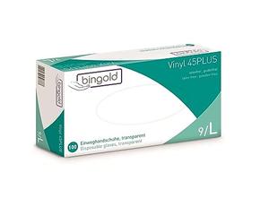 Guantes desechables de vinilo 45PLUS transparentes, talla L, paquete de 100 unidades