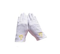 Guantes Masónico Algodón Bordados Escuadra/Compás Dorado, Modelo Mixto, blanco, 8