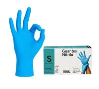 Guantes nitrilo desechables quirurgicos, alimentación, taller, industria y montaje, 100% Libres de Latex, polvo y agentes alergénicos, Diseño Ambidiestro, Un solo uso, Pack 100 unidades, Talla S, azul