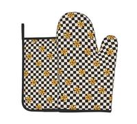 Guantes para El Horno Flower Florals Black White Checkered 2Pcs | Resistente Calor Manoplas Horno Antideslizante Agarraderas de Cocina Para Hornear Parrilla La Chimenea Regalo