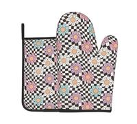 Guantes para El Horno Pastel Flower Black White Wavy Checkered 2Pcs | Antideslizante Manoplas Horno Resistente Calor Juego de Manoplas y agarraderas Para La Chimenea Regalo Hornear Barbacoa