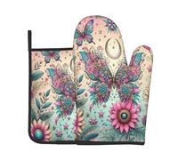 Guantes para El Horno Pink Glitter Butterfly Sunflower Flower 2Pcs | Grueso Seguro Oven Gloves Antideslizante Juego de Manoplas y agarraderas Para Parrilla Barbacoa Hornear