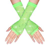 Guantes Rejilla Niña Verde Largos de Red Sin Dedos Mujer con Diamantes de Imitación Guantes de Opera de Moda Brillante para Fiesta de Disfraces de Los Años 80 Suministros de Cosplay de Halloween