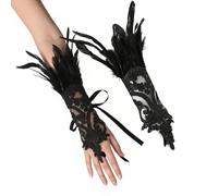 Guantes sin dedos de encaje - Cosplay navideño con ribete de pluma | Malla floral intrincada con puños de plumas opacas y muñequera elástica para filmar, actuar, modelar y producciones escénicas gótic