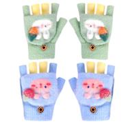Guantes sin Dedos para Niños, 2 Pares Conejo Guantes de Invierno, Conejo Calientes Guantes, Manoplas con Botón con Solapa, Convertibles Flip Top Guantes para Niños Niñas 4-8 Años