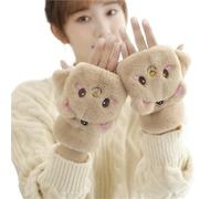 Guantes Térmicos Sin Dedos Women Plush Warm Glove Lovely Rabbit Cat Panda Mittens Flip Fingerless Glove Thick Gloves Flexible Half Finger Winter(Khaki 2)