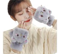 Guantes Térmicos Sin Dedos Women Plush Warm Glove Lovely Rabbit Cat Panda Mittens Flip Fingerless Glove Thick Gloves Flexible Half Finger Winter(Grey 2)