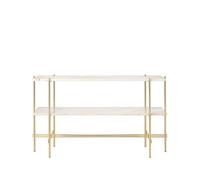 GUBI Mesa consola TS 120x30x72 cm Natural white travertine. base de latón. 2 estantes de mármol