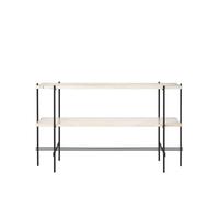 GUBI Mesa consola TS 120x30x72 cm Natural white travertine. base negra. 2 estantes de mármol