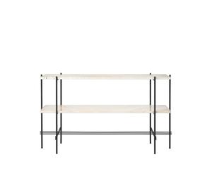 GUBI Mesa consola TS 120x30x72 cm Natural white travertine. base negra. 2 estantes de mármol