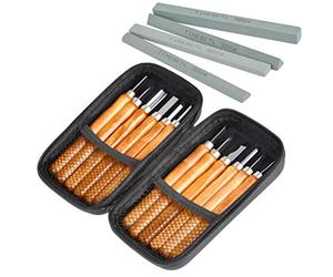 Gubias para Tallar Madera 12 en 1 TIMESETL Formones para Maderas 12Pzs Gubias para Linoleo de Acero al Carbono con Mangos de Madera, 4 Piedras de Afilar