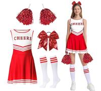 GUBOOM Disfraz de Animadora Mujer Adulta, Disfraz Halloween Mujer de Animadora con Pompones, Calcetines y Lazo para el Cabello, Disfraz Animadora Mujer Para Disfraces, Cosplay (Rojo, M)