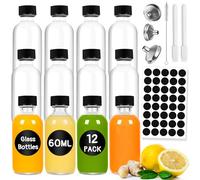 Gucass 12 botellas de chupito para rellenar, 60 ml, pequeños vasos de chupito con tapa, botellas de cristal para llenar con embudo, etiquetas, bolígrafo y cepillo, mini viales para zumo, jengibre