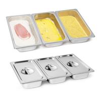 Gucass Juego de 3 cuencos para empanar con tapa de acero inoxidable GN 1/3, recipiente de 32,5 x 17,5 x 6,5 cm, recipiente rectangular de metal, ideal para chuletas, carne, pescado