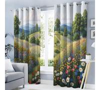 GUCSMN Cortinas Salon Colinas con Campos De Flores, 140An x 200Al cm 2 Piezas - Cortinas Dormitorio Opacas Paisaje Rural Ventana Decoración Habitacion con Ojales, Blackout Cortina Verde Hierba