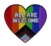 GuDeKe Pin de orgullo LGBTQ Gay Heart Rainbow Esmalte Pin All Are Welcome Broche Decoración para ropa y bolsas Regalos, Cobre, Sin gemas.