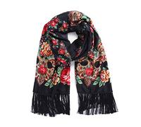 Gudessly Bufanda tradicional con borla exótica impresa para mujer, cálida, suave, grande, rectangular, a la moda, Negro -, Talla única