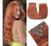 GUDOZO Extensiones De Pelo Humano Con Clip 60cm 7 Unidades 120g Color Jengibre Natural Invisible Extensiones(24 Pulgadas, 350#)